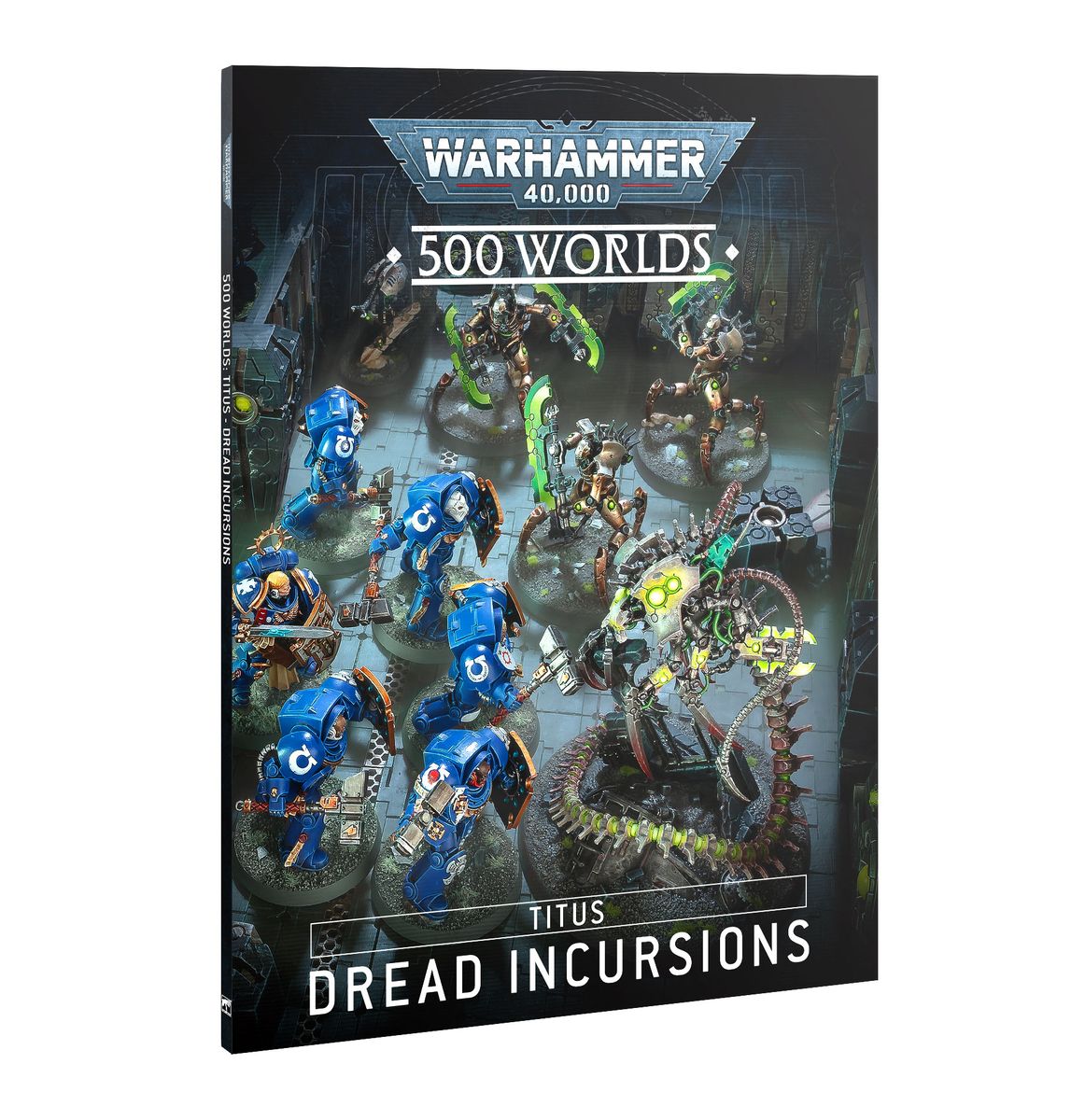 Warhammer 40,000 - 500 Worlds - Titus: The Battle for Unity Begins - Warhammer 40,000 500 Worlds book cover featuring blue armored soldiers and green alien creatures in battle on dark sci-fi.