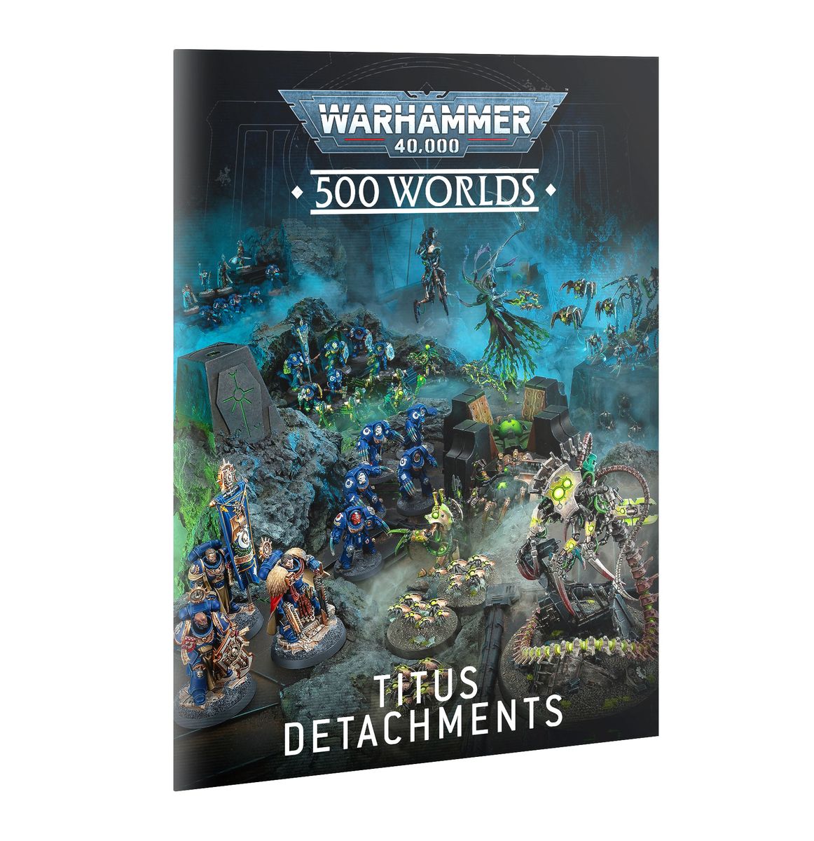 Warhammer 40,000 - 500 Worlds - Titus: The Battle for Unity Begins - Softcover book with a dark sci-fi battlefield cover showing blue-armored soldiers and alien creatures, titled Warhammer.