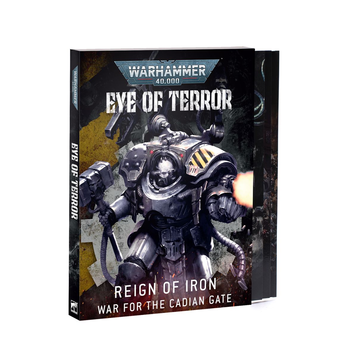 Warhammer 40,000 - Eye of Terror: Reign of Iron – War for the Cadian Gate (PREORDER) - Warhammer 40,000 Eye of Terror Reign of Iron hardcover rulebook with dark sci-fi artwork of armored soldier in black and.