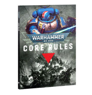 Warhammer 40,000 - Core Rules - Warhammer 40,000 Core Rules book with blue-armored Space Marine illustration and dynamic battlefield scene in grayscale.