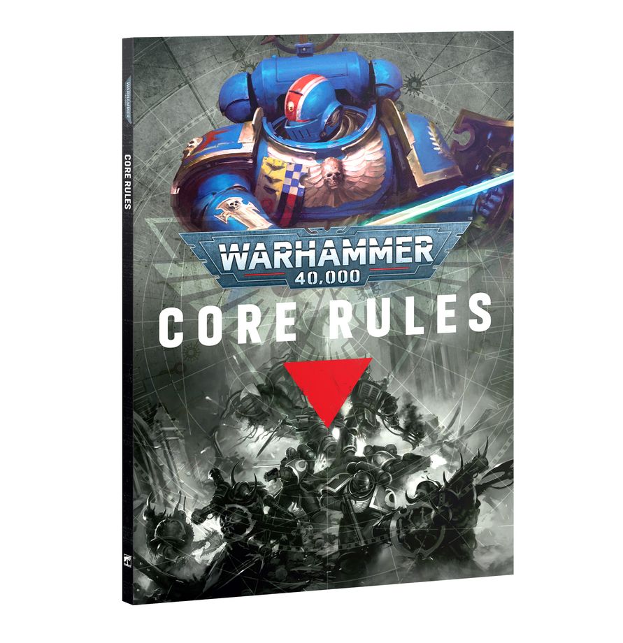 Warhammer 40,000 - Core Rules - Warhammer 40,000 Core Rules book with blue-armored Space Marine illustration and dynamic battlefield scene in grayscale.