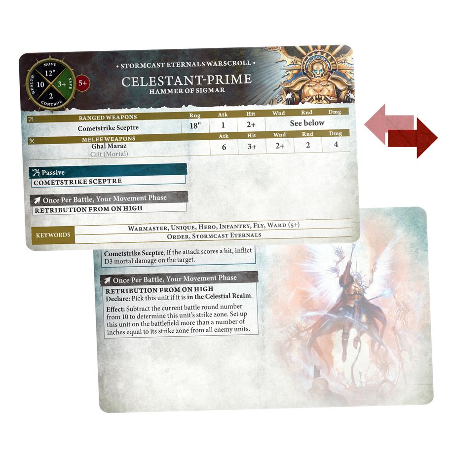 Warhammer Age of Sigmar - Stormcast Eternals - Warscroll Cards - Two Age of Sigmar Warscroll cards with detailed text and a vibrant artwork of a warrior in shining armor wielding a hammer.