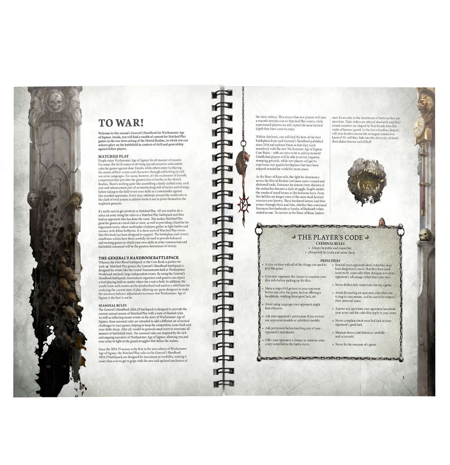 Warhammer Age of Sigmar - General's Handbook 2024-25 - Open spiral-bound book with black and white text and ornate fantasy-themed border art on white pages.