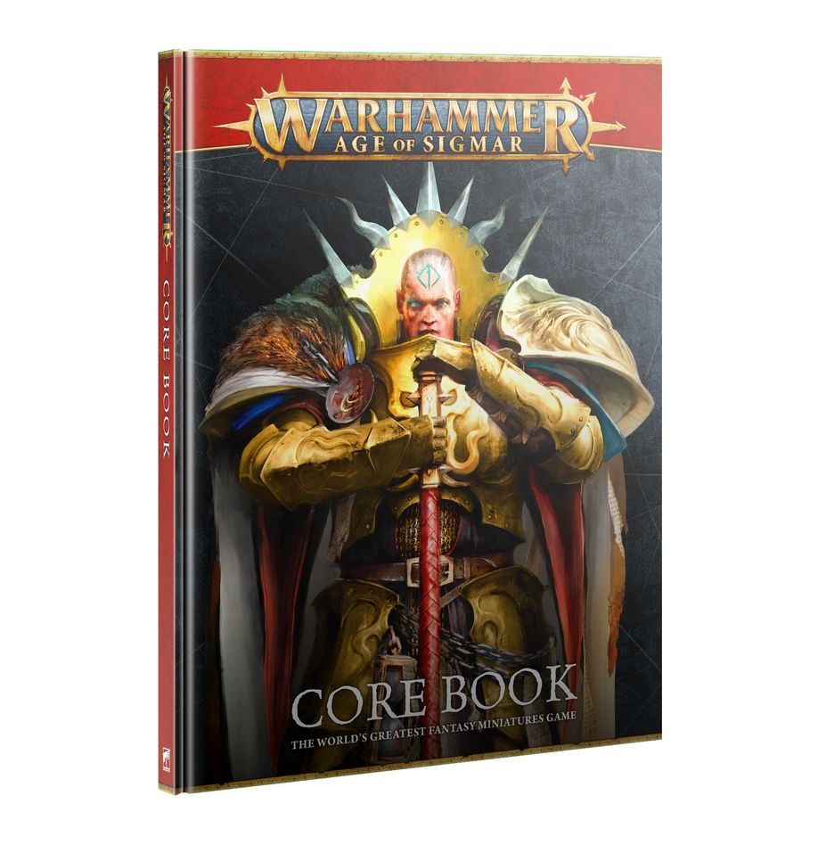 Warhammer Age of Sigmar - Core Book - Warhammer Age of Sigmar Core Book with detailed fantasy armor character holding sword on black and red cover.