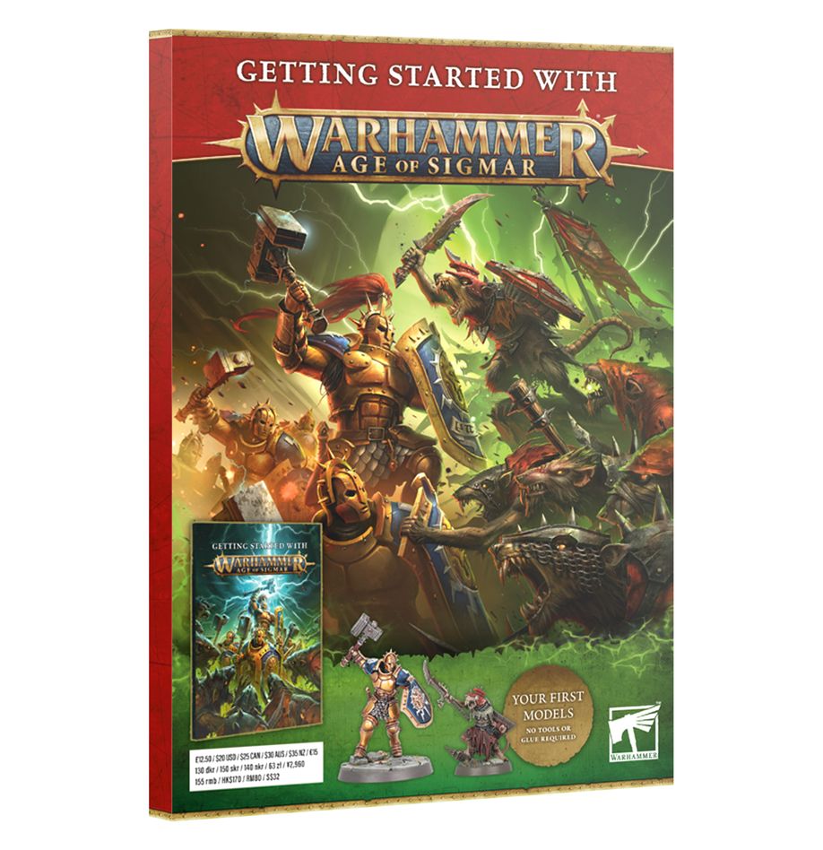 Getting Started With Age of Sigmar - Red Warhammer Age of Sigmar starter guidebook with fantasy battle scene and miniature figurines on cover.