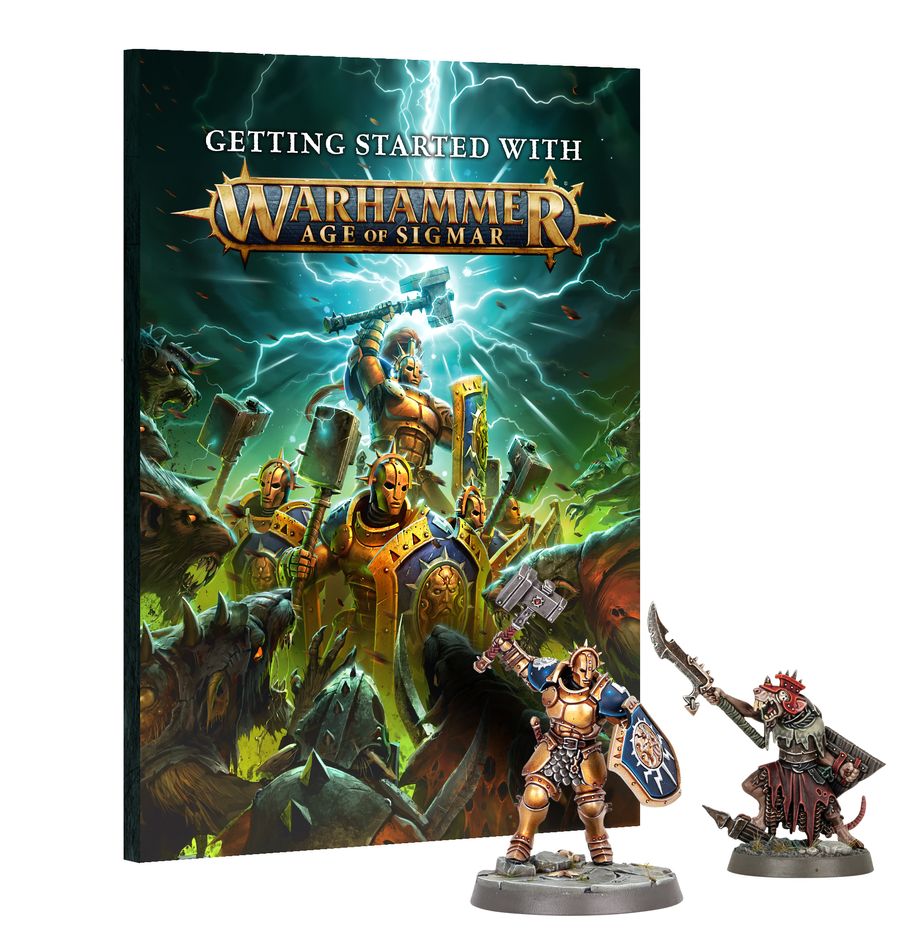 Getting Started With Age of Sigmar - Warhammer Age of Sigmar starter guidebook with vibrant fantasy cover and two painted miniature warriors in armor and weapons.