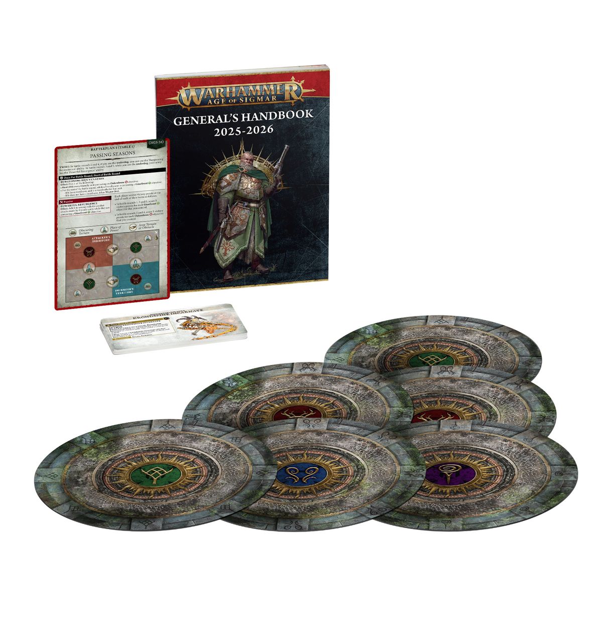 Warhammer Age of Sigmar: General's Handbook 2025-2026 - Warhammer Age of Sigmar General's Handbook 2025-2026 with five round double-sided cardboard tokens and a measuring ruler.