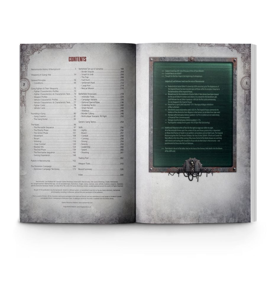 Necromunda: Core Rulebook - Open Necromunda Core Rulebook showing table of contents on left page and green text panel with decorative gear frame on.