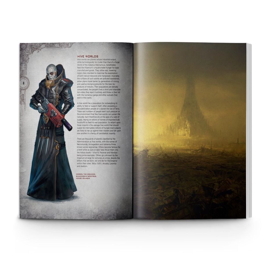Necromunda: Core Rulebook - Open Necromunda Core Rulebook showing a detailed character illustration with dark armor and red weapon on left page, and a.