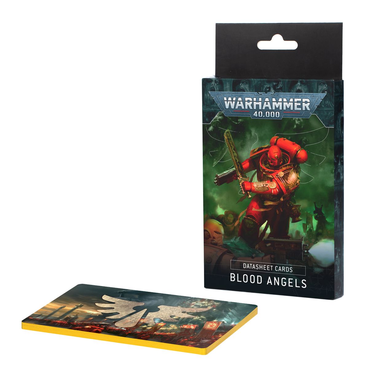 Warhammer 40,000 - Blood Angels - Datasheet Cards - Warhammer 40,000 Blood Angels Datasheet Cards box with red-armored Space Marine holding a weapon, plus a fanned set of.