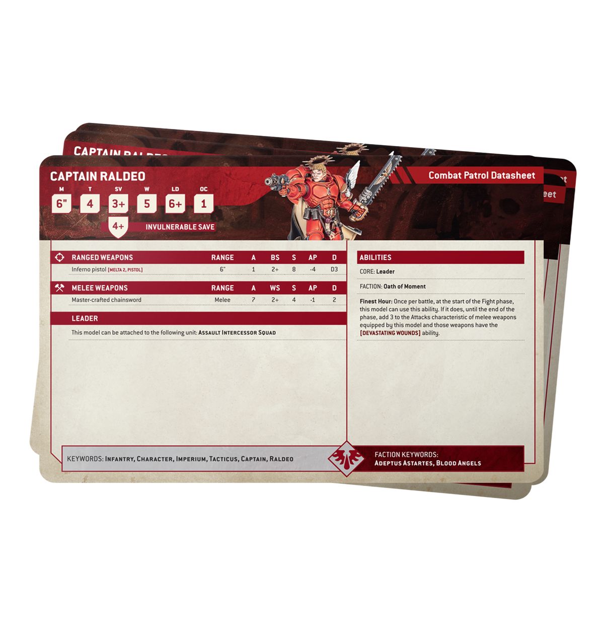 Warhammer 40,000 - Blood Angels - Datasheet Cards - Set of rectangular datasheet cards with red headers and white backgrounds, featuring Warhammer 40,000 Blood Angels character