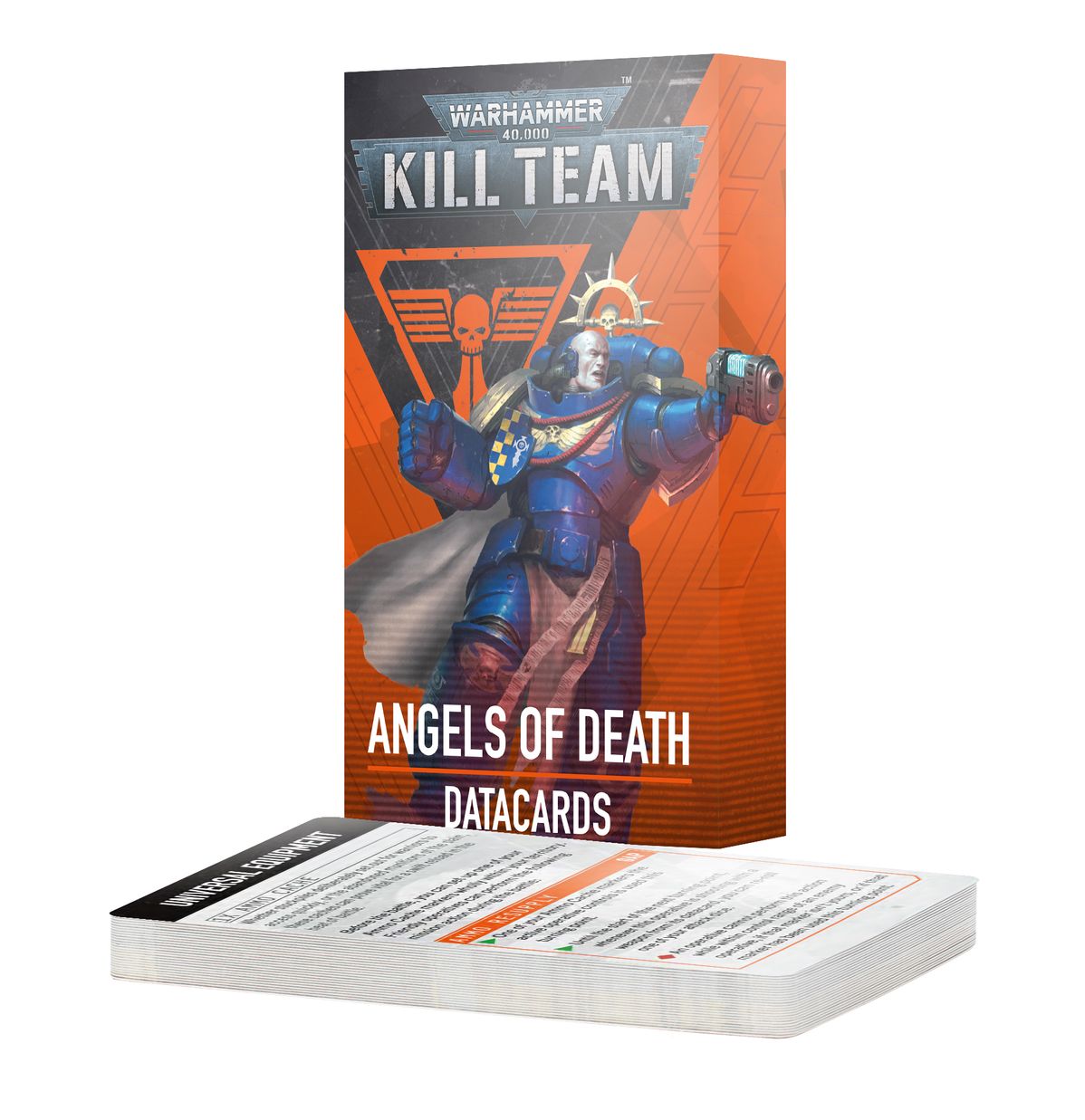 Warhammer 40,000 - Kill Team - Angels of Death Datacards - Warhammer 40,000 Kill Team Angels of Death Datacards box with blue armored soldier illustration, stacked datacards with text