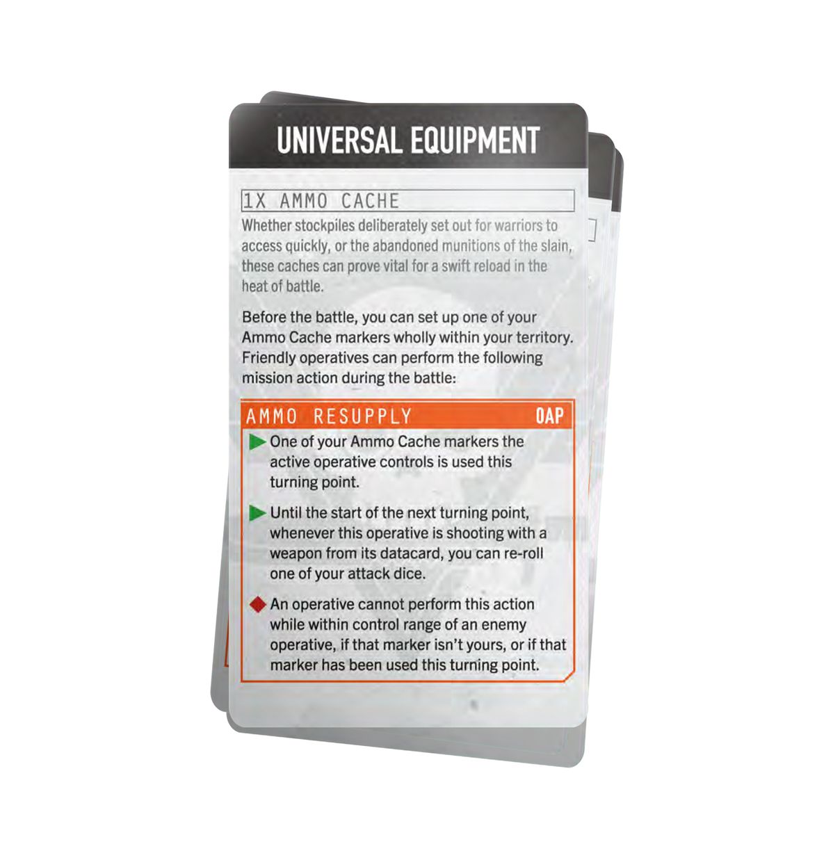 Warhammer 40,000 - Kill Team - Angels of Death Datacards - Stack of rectangular datacards with black tabs labeled "Universal Equipment," featuring black and red text on white.