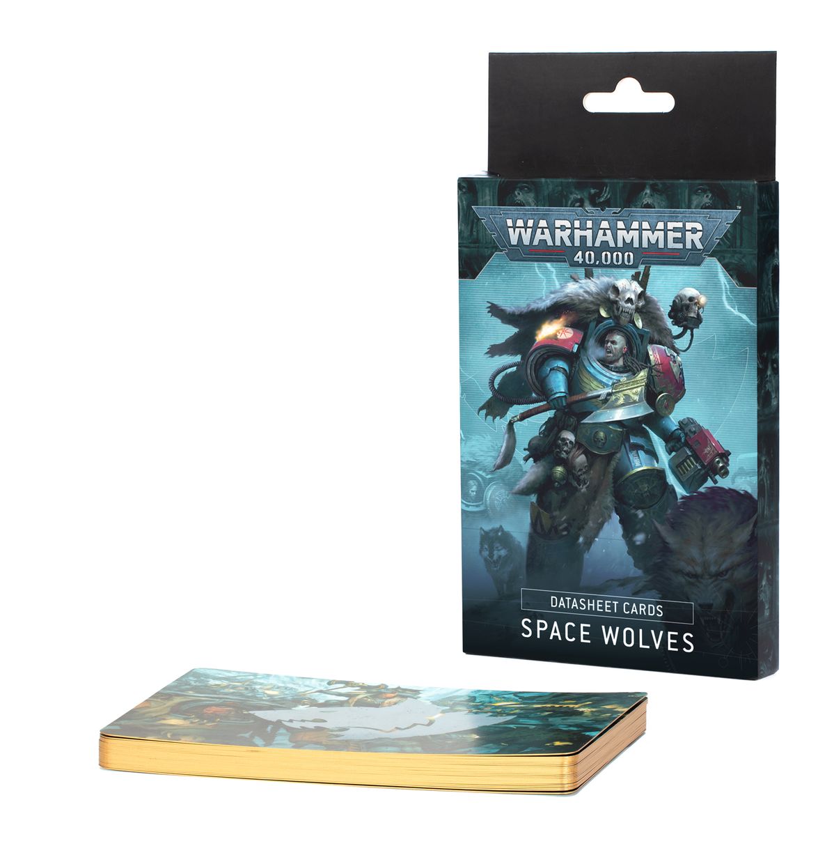 Warhammer 40,000 - Space Wolves - Datasheet Cards - Stack of rectangular datasheet cards with Warhammer 40,000 Space Wolves artwork, black and blue themed box standing upright.