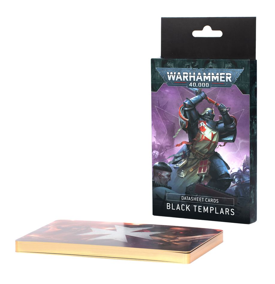 Warhammer 40,000 - Black Templars - Datasheet Cards - Warhammer 40,000 Black Templars datasheet cards with dark-themed box featuring armored knight artwork on front and stacked.