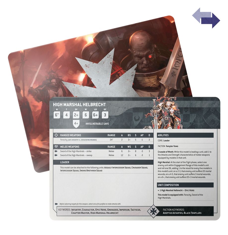 Warhammer 40,000 - Black Templars - Datasheet Cards - Two double-sided Warhammer 40,000 Black Templars datasheet cards featuring dark red and black warrior artwork and detailed.