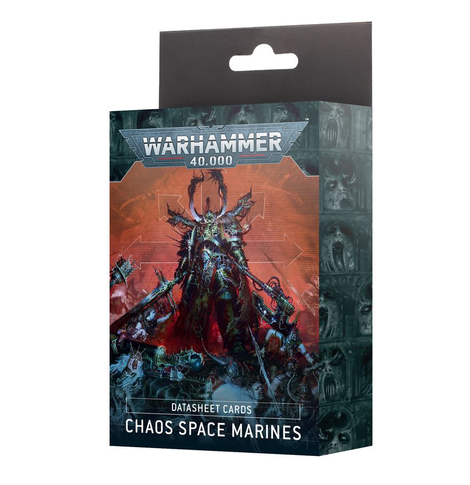 Warhammer 40,000 - Datasheet Cards - Chaos Space Marines - Warhammer 40,000 Chaos Space Marines datasheet cards pack with dark, detailed sci-fi artwork on black and red box.