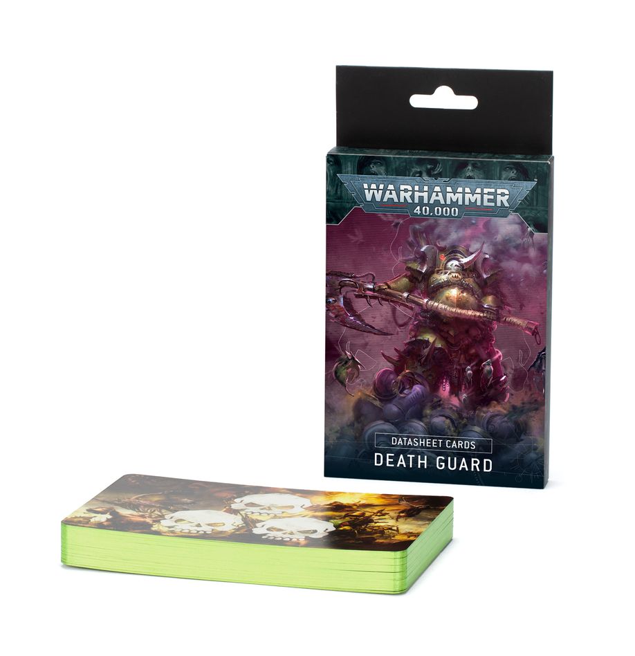 Warhammer 40,000 - Death Guard - Datasheet Cards - Pack of Warhammer 40,000 Death Guard datasheet cards with detailed fantasy artwork on the box and green-edged cards visible.