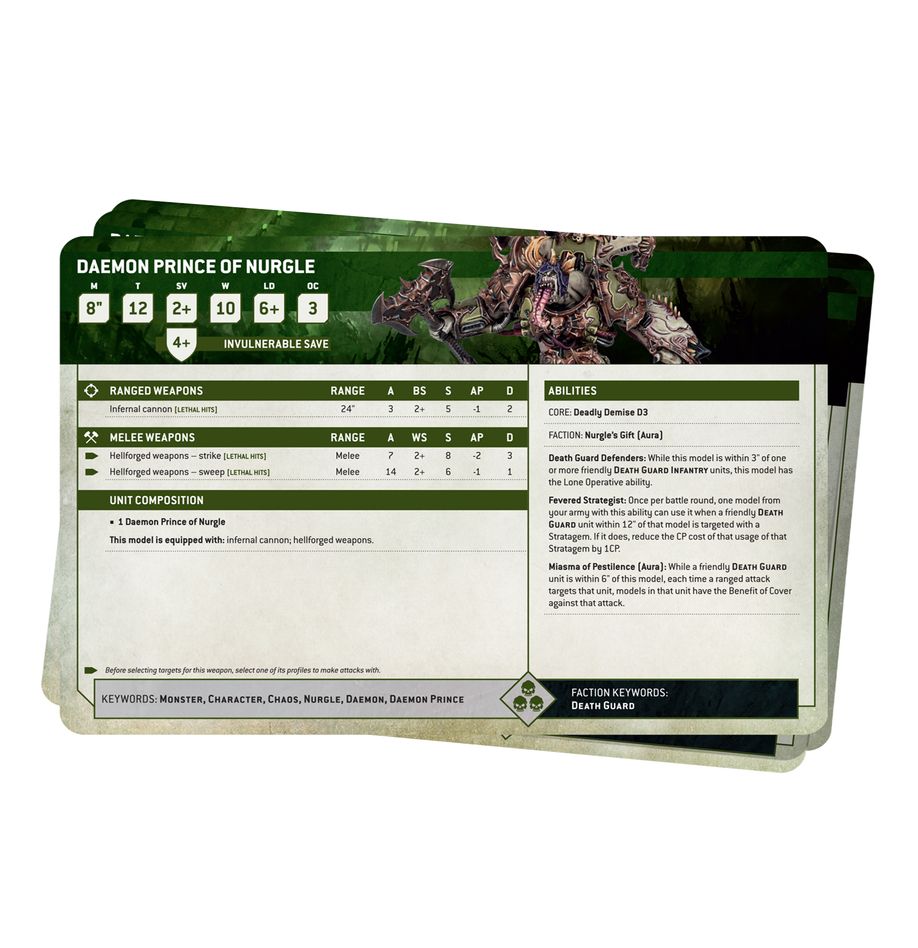 Warhammer 40,000 - Death Guard - Datasheet Cards - Warhammer 40,000 Death Guard datasheet cards with green header, detailed stats, and Nurgle-themed artwork.