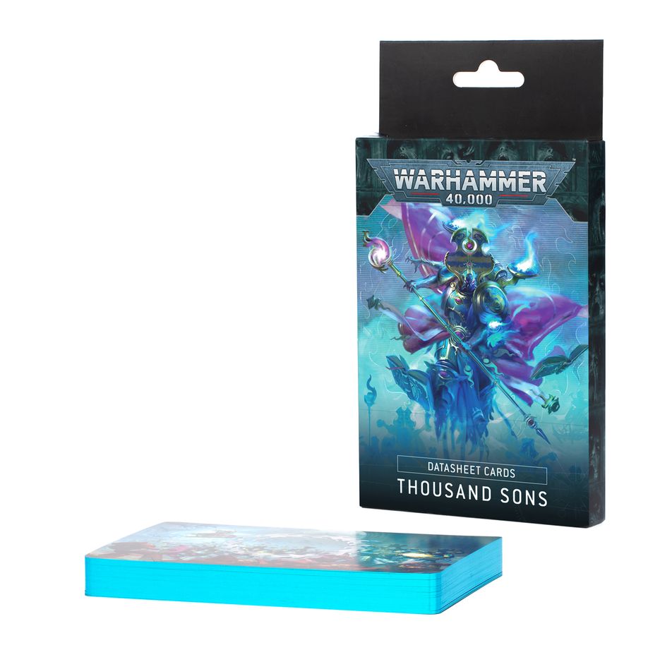 Warhammer 40,000 - Thousand Sons - Datasheet Cards - Warhammer 40,000 Thousand Sons datasheet cards with blue edges and a fantasy-themed character illustration on the front of.