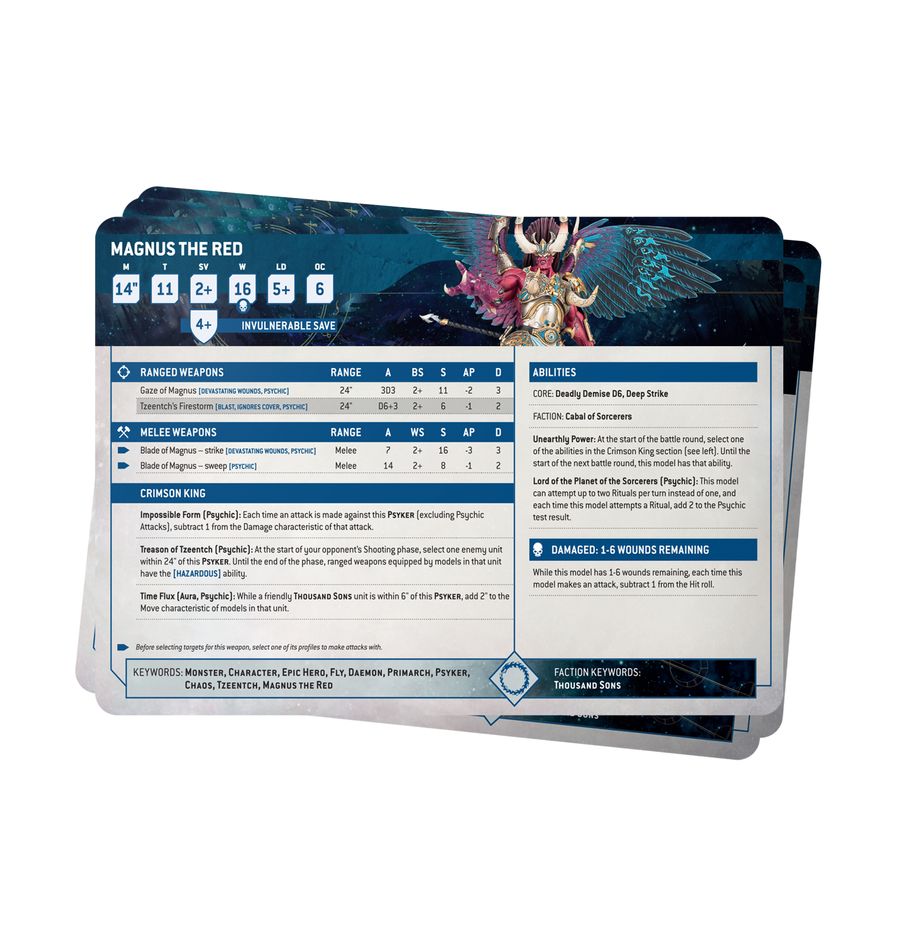 Warhammer 40,000 - Thousand Sons - Datasheet Cards - Stack of rectangular gaming datasheet cards with blue and white text and artwork of a futuristic armored warrior on the top.