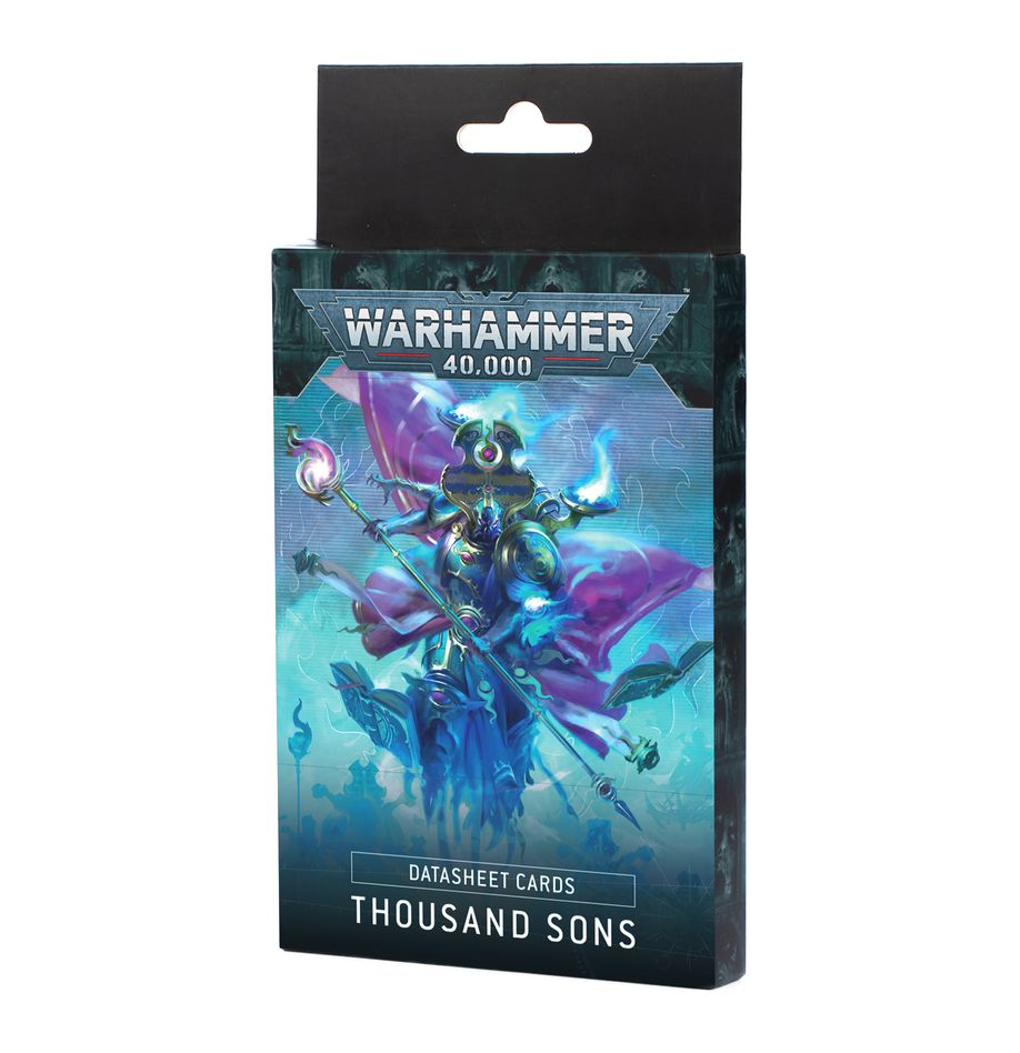 Warhammer 40,000 - Thousand Sons - Datasheet Cards - Warhammer 40,000 Datasheet Cards pack with vibrant artwork of a blue-armored Thousand Sons warrior wielding a staff, set.