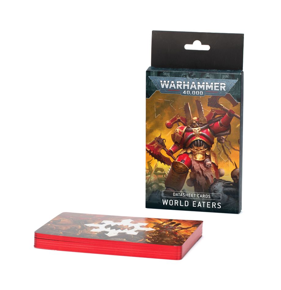 Warhammer 40,000 - World Eaters - Datasheet Cards - Warhammer 40,000 World Eaters datasheet cards with red-bordered edges and artwork of an armored warrior wielding weapons on.
