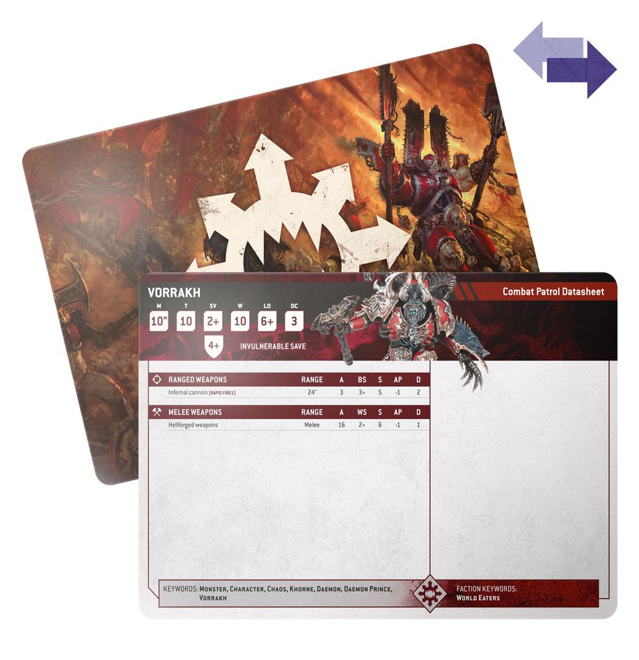 Warhammer 40,000 - World Eaters - Datasheet Cards - Double-sided Warhammer 40K datasheet card with dark fiery artwork, white stats box, and red Warhammer branding.