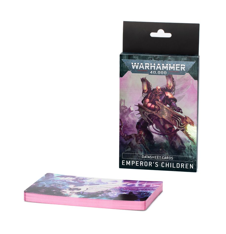 Warhammer 40,000 - Emperor's Children - Datasheet Cards - Stack of rectangular cards with purple and pink sci-fi artwork beside a standing box featuring armored warrior art in dark.