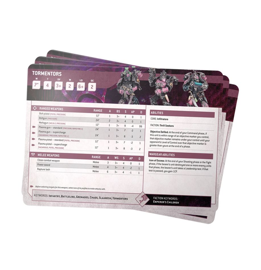 Warhammer 40,000 - Emperor's Children - Datasheet Cards - Stack of Warhammer 40,000 datasheet cards with purple and white design featuring Tormentor characters and stats table.
