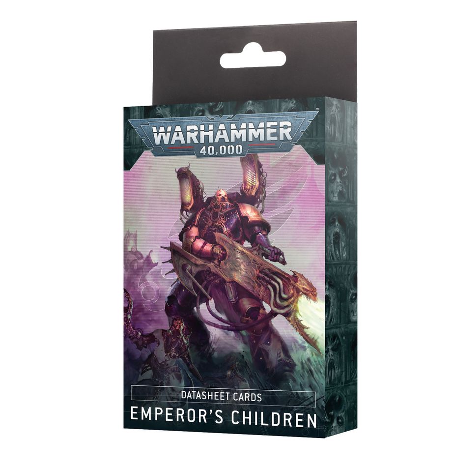 Warhammer 40,000 - Emperor's Children - Datasheet Cards - Warhammer 40,000 datasheet cards packaging with dark purple and black design featuring a detailed armored warrior.