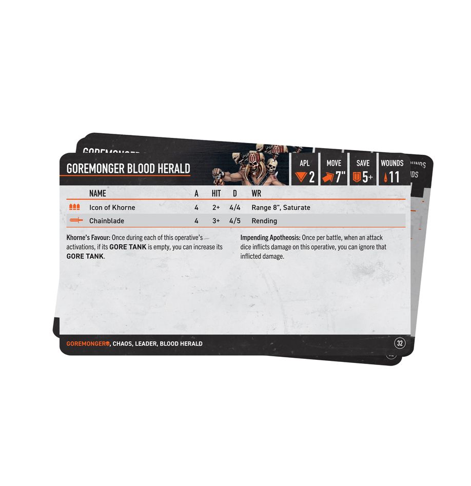 Warhammer 40,000 - Kill Team - Goremongers Datacards - Stack of rectangular datacards with black, white, and red design, featuring game stats and rules for Warhammer 40,000 Kill.