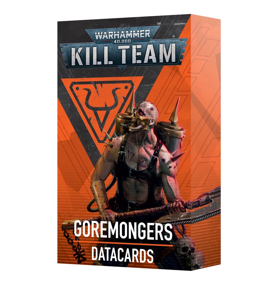 Warhammer 40,000 - Kill Team - Goremongers Datacards - Warhammer 40,000 Kill Team Goremongers datacards box with orange and black design and figure of a menacing armored warrior.