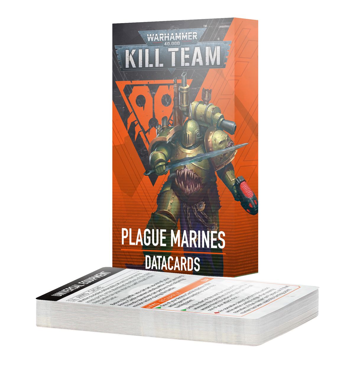 Warhammer 40,000 - Kill Team - Plague Marines Datacards - Warhammer 40,000 Kill Team Plague Marines Datacards pack with illustrated marines on orange and grey box, stacks of white.