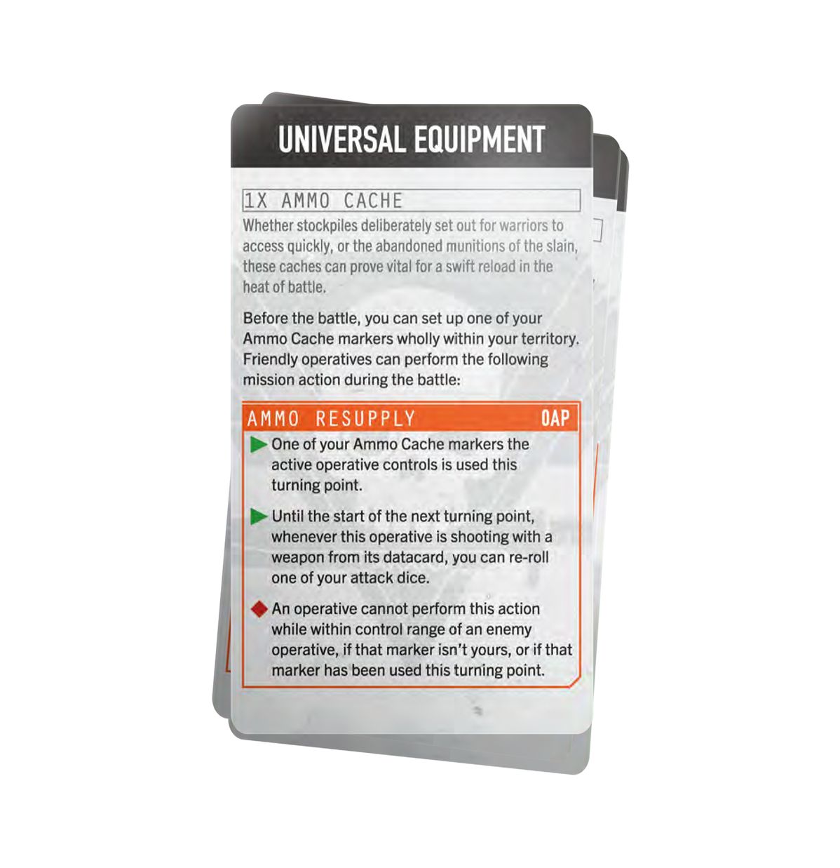 Warhammer 40,000 - Kill Team - Plague Marines Datacards - Stack of rectangular datacards with colored tabs and detailed text, titled "Universal Equipment" for Warhammer 40,000 Kill.