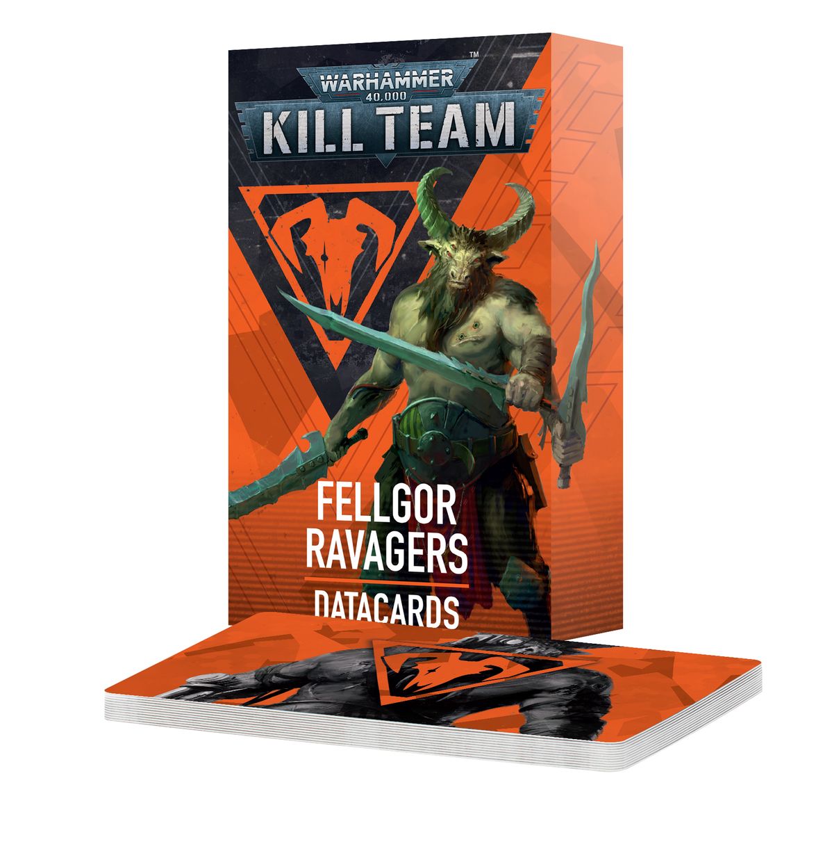 Warhammer 40,000 - Kill Team - Fellgor Ravagers Datacards - Orange and black Warhammer 40,000 Kill Team Fellgor Ravagers datacards pack with a horned warrior holding weapons on the.