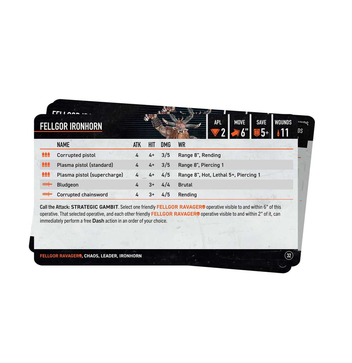 Warhammer 40,000 - Kill Team - Fellgor Ravagers Datacards - Black and white Kill Team datacard with red and orange accents, featuring character stats and special rules in clear,.