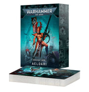 Warhammer 40,000 - Aeldari - Datasheet Cards - Stack of rectangular datasheet cards with vibrant sci-fi artwork, featuring a red armored Aeldari warrior on the front card,