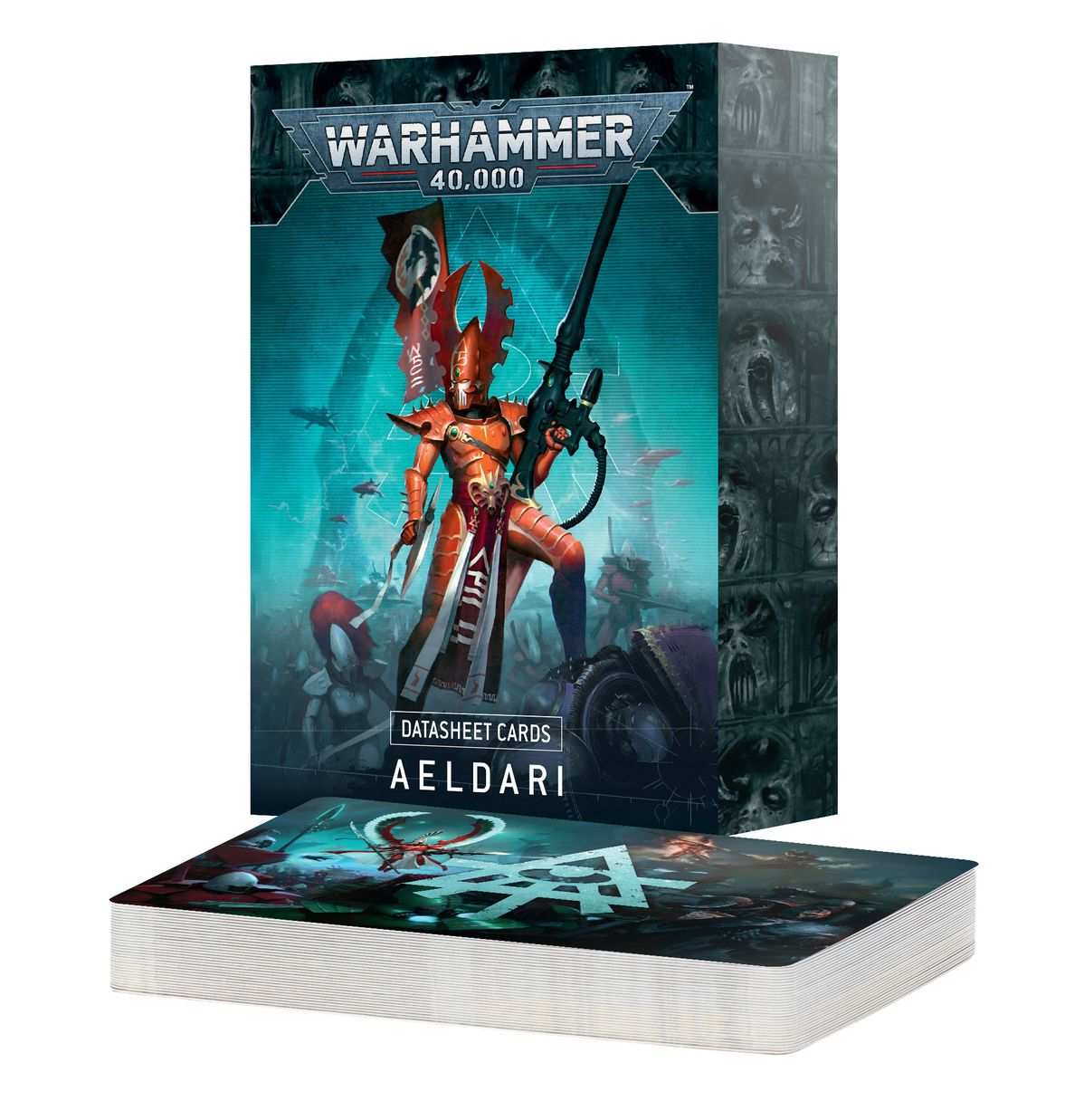 Warhammer 40,000 - Aeldari - Datasheet Cards - Stack of rectangular datasheet cards with vibrant sci-fi artwork, featuring a red armored Aeldari warrior on the front card,