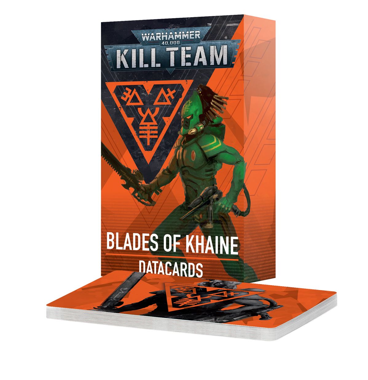 Warhammer 40,000 - Kill Team - Blades of Khaine Datacards - Orange Warhammer 40K Kill Team Blades of Khaine Datacards pack featuring a green armored warrior wielding two swords and.