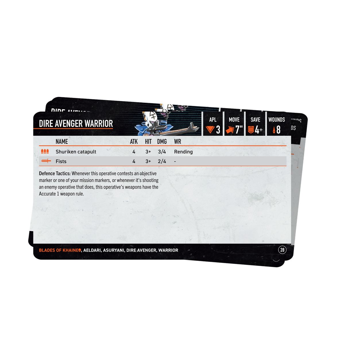 Warhammer 40,000 - Kill Team - Blades of Khaine Datacards - Set of rectangular Warhammer 40,000 Kill Team Datacards with black and white design, detailed stats, and text for game use.