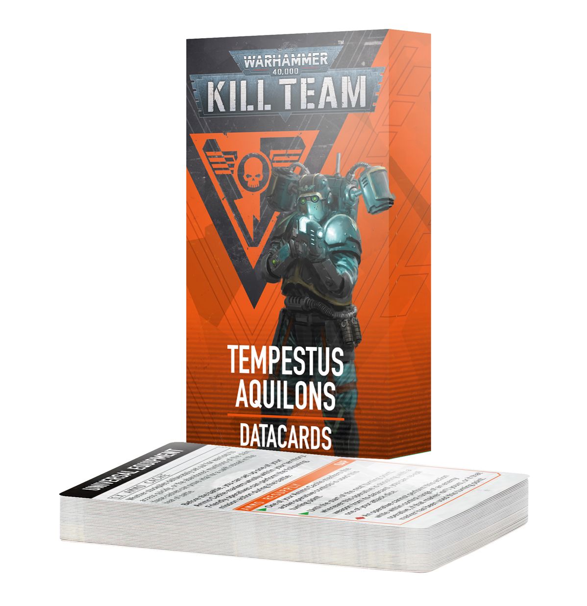 Warhammer 40,000 - Kill Team - Tempestus Aquilons Datacards - Stack of rectangular datacards with white backs and black text, standing box with orange and black design featuring armored.
