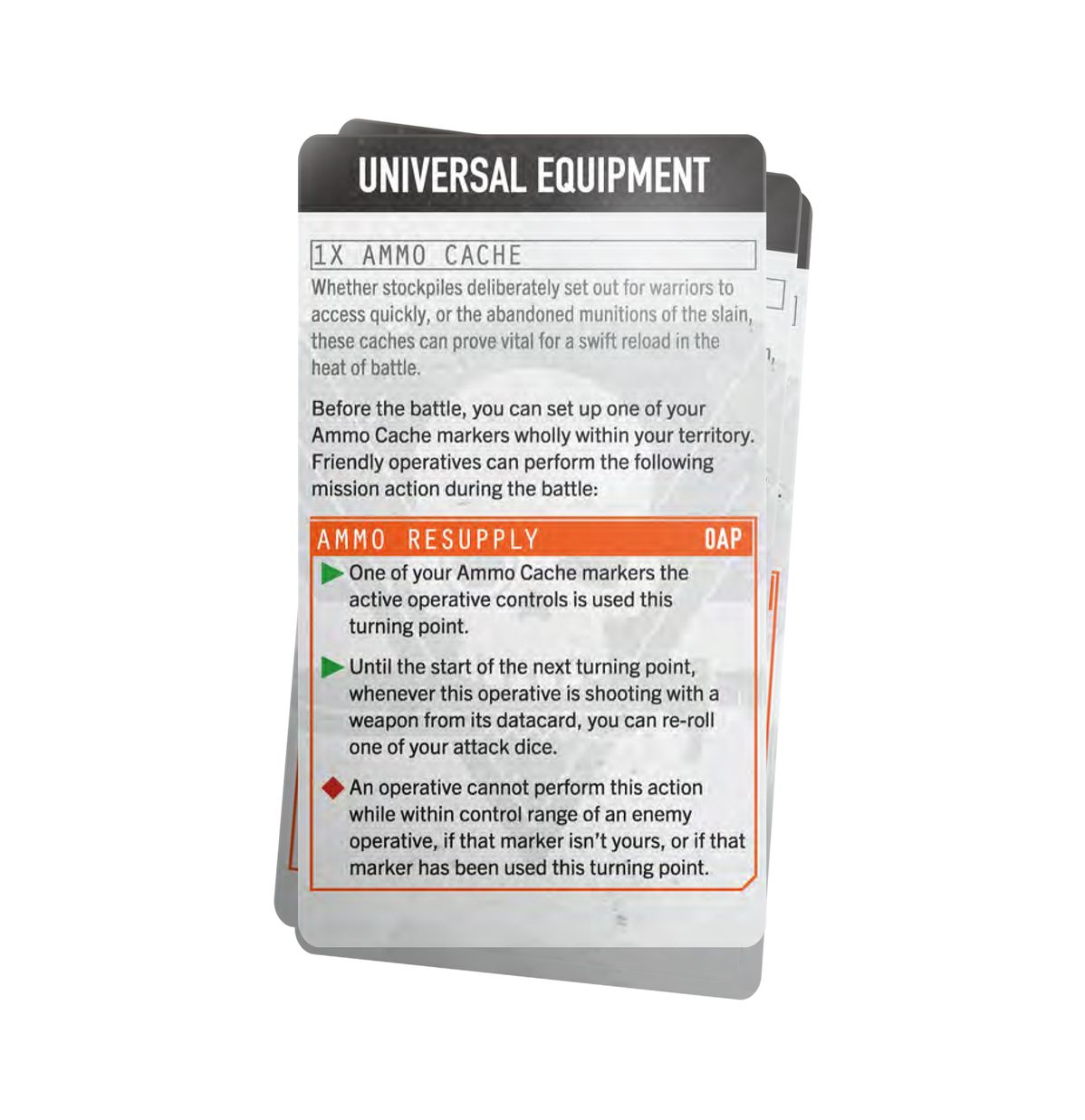 Warhammer 40,000 - Kill Team - Tempestus Aquilons Datacards - Stack of white rectangular war game datacards with black tabs and colored text for equipment and ammo supply details.