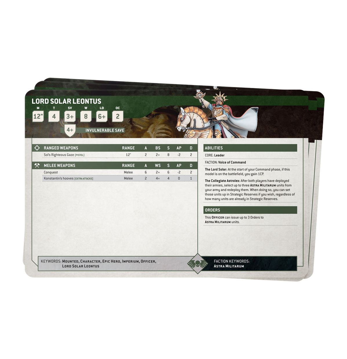 Warhammer 40,000 - Astra Militarum - Datasheet Cards - Warhammer 40,000 Astra Militarum datasheet card with dark green header, unit stats, and rules text.