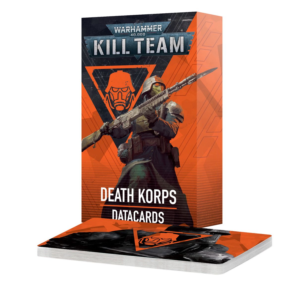 Warhammer 40,000 - Kill Team - Death Korps Datacards - Warhammer 40,000 Kill Team Death Korps Datacards box with a soldier holding a rifle on a black and orange background.