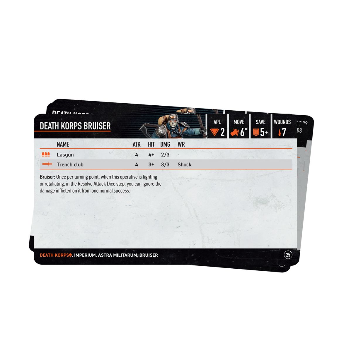 Warhammer 40,000 - Kill Team - Death Korps Datacards - Set of rectangular Warhammer 40K Kill Team Datacards with black, white, and orange design displaying unit stats and.