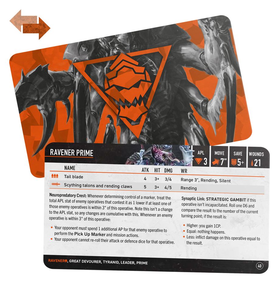 Warhammer 40,000 - Kill Team - Raveners Datacards - Rectangular datacard with orange and black Raveners artwork and detailed stats and text on a white background.