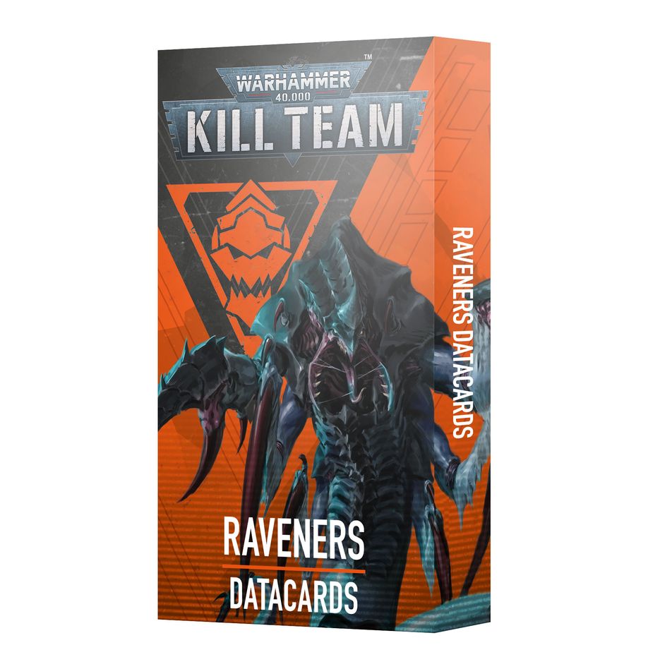 Warhammer 40,000 - Kill Team - Raveners Datacards - Tall rectangular box featuring dark, alien creature artwork on an orange and gray background with bold text "Kill Team" and.