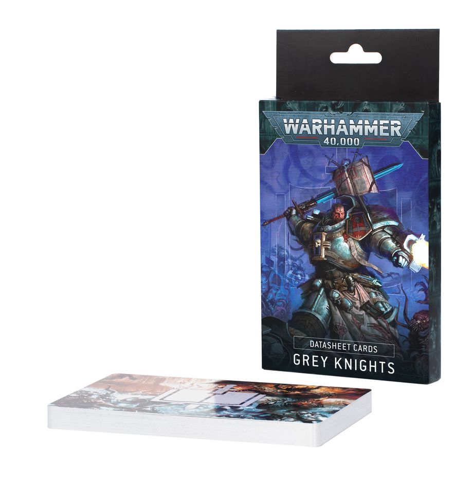 Warhammer 40,000 - Grey Knights - Datasheet Cards - Stack of rectangular game datasheet cards with fantasy sci-fi art beside a standing box featuring a Grey Knights warrior in.