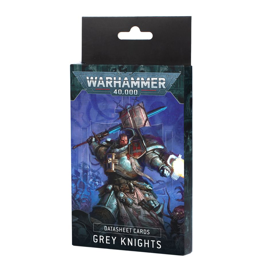 Warhammer 40,000 - Grey Knights - Datasheet Cards - Warhammer 40,000 Grey Knights datasheet cards in a vertical box with blue and black futuristic armor illustration on the.